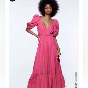 Zara Puff Sleeve Midi dress Pink Size L